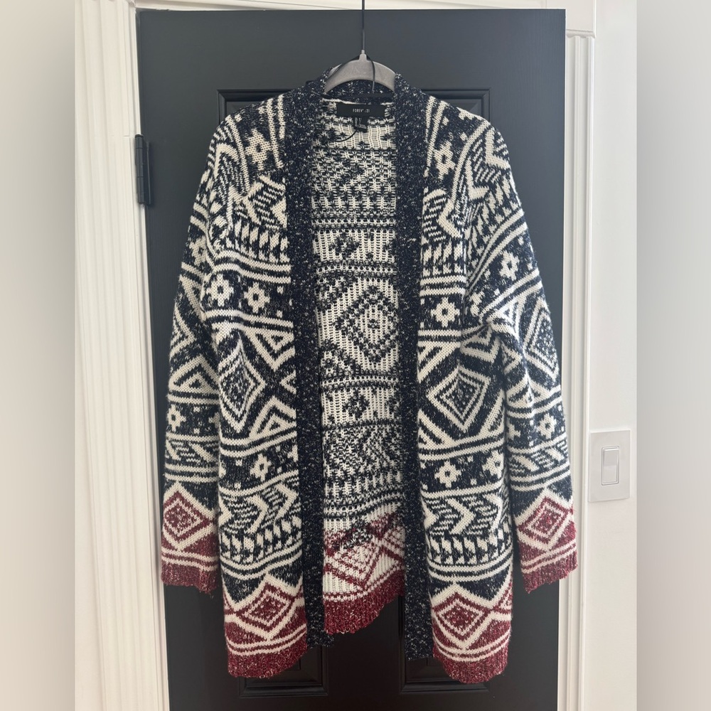 Forever 21 Aztec Print Vintage Style Navy, Dark Red & White Oversized Cardigan